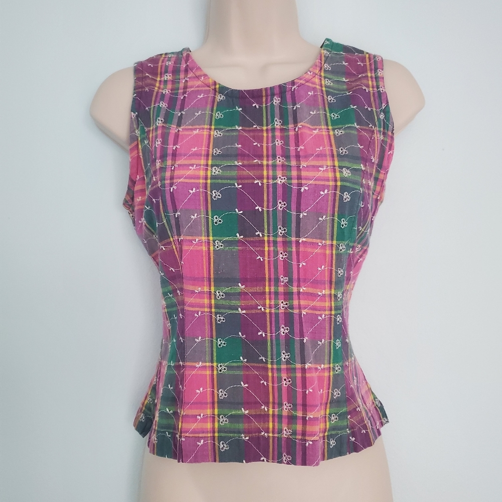 I am Eyelet Plaid Button Back Top